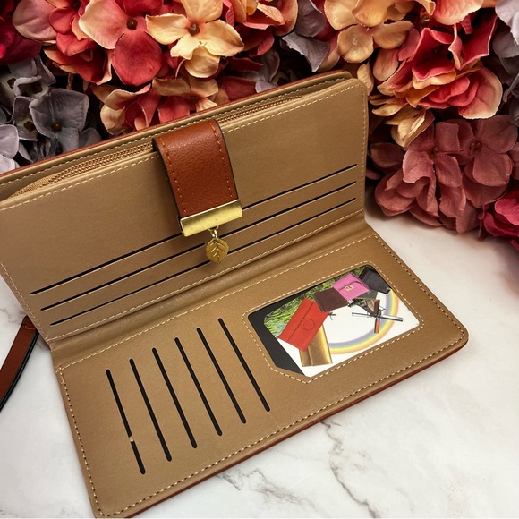 Cinnamon Brown and Gold Leaf Vegan Leather Clutch Wallet - Picture 6 of 16